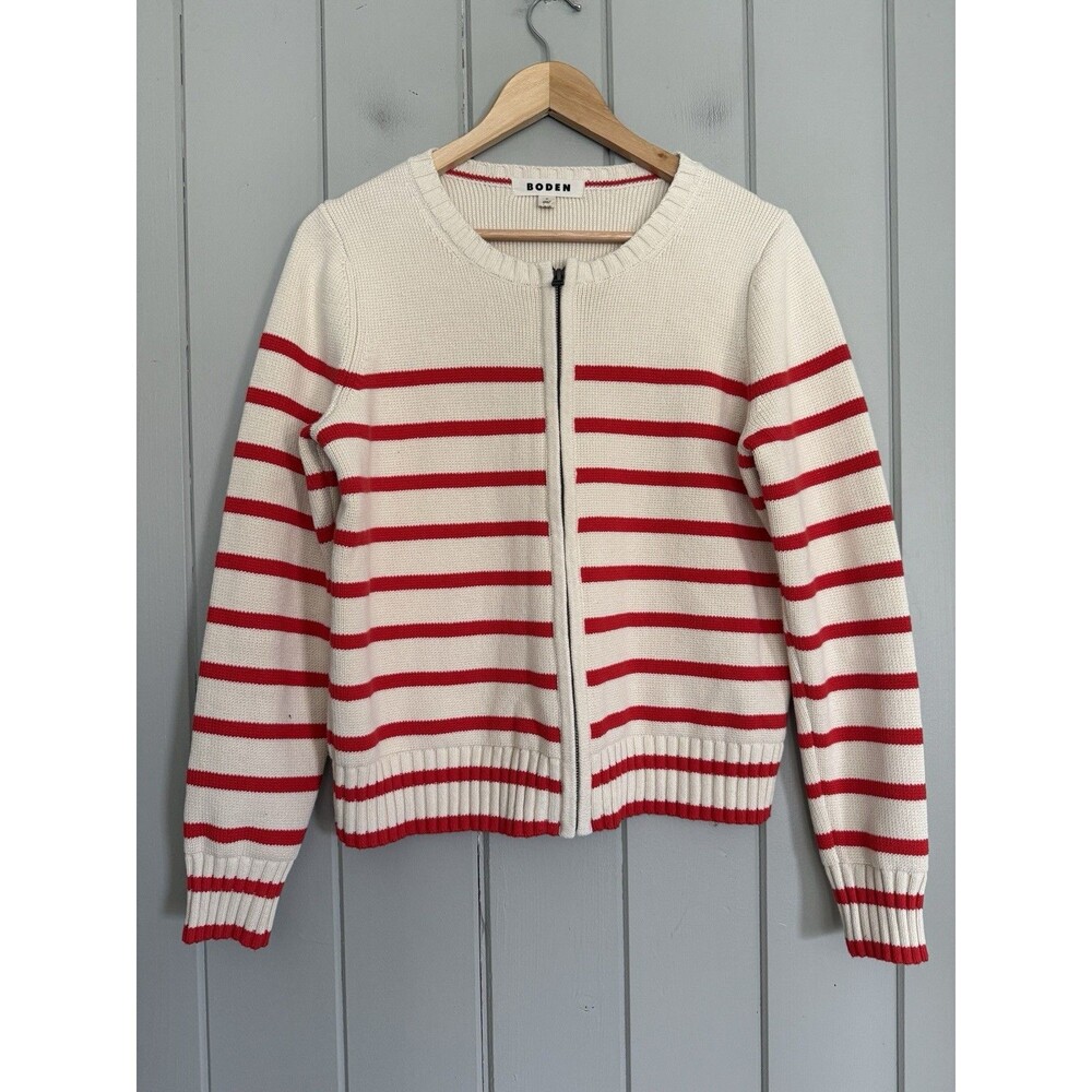 Boden Breton Cardigan Sweater M Medium Ivory Red Stripe K0930 100% Cotton Zip